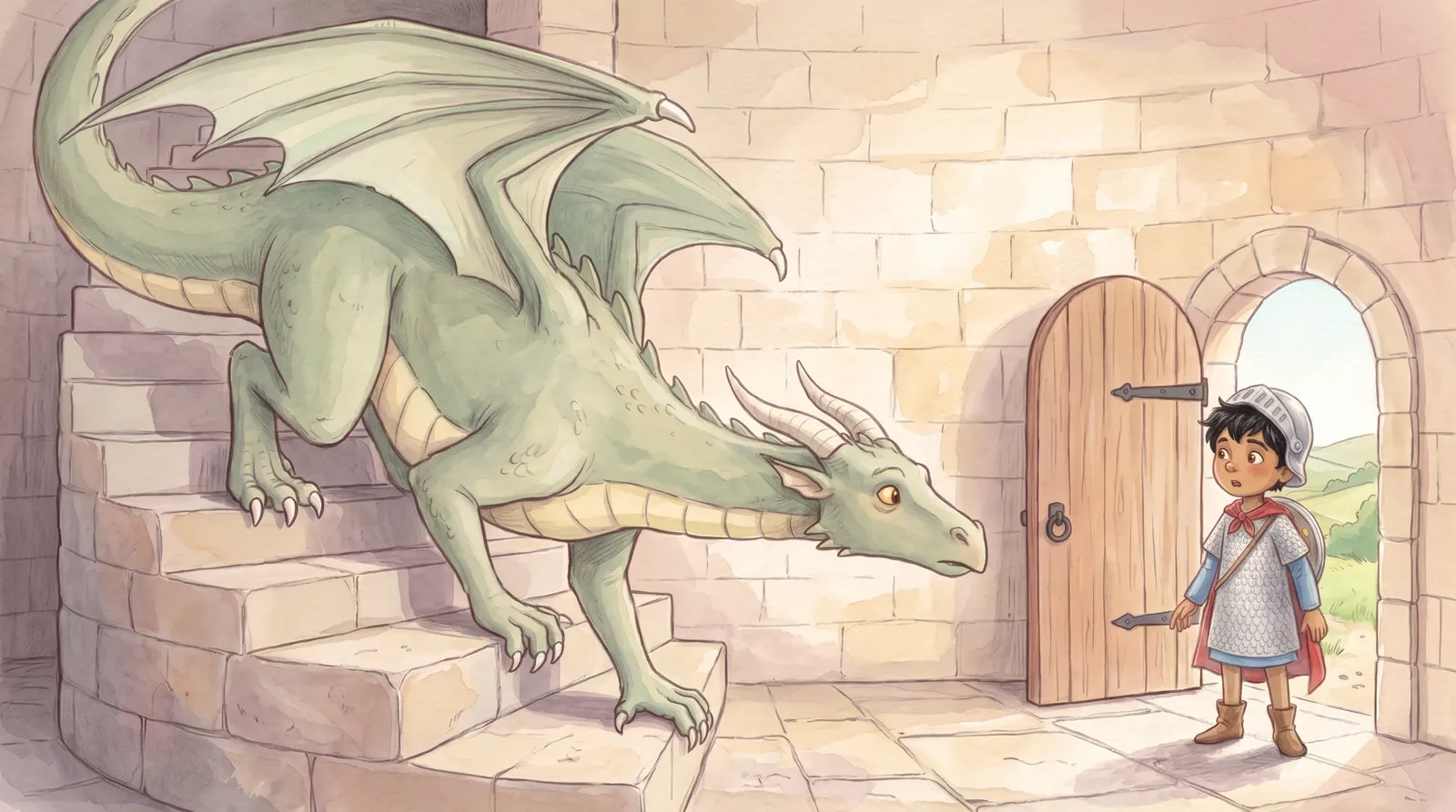 Illustration zu „Ritter & der freundliche Drache“, Doppelseite 5