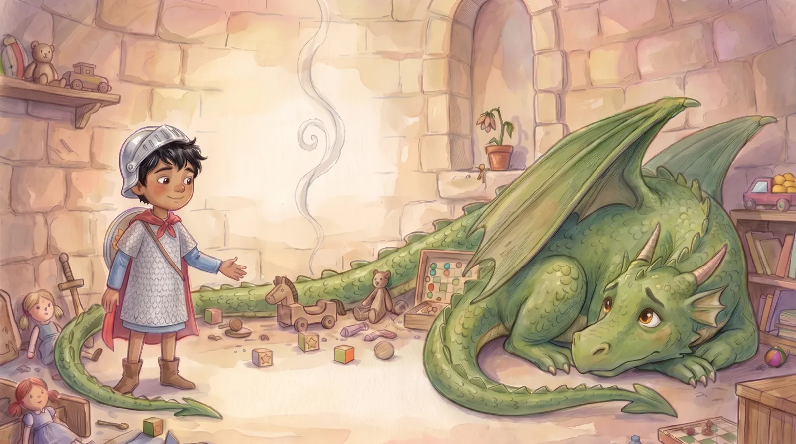 Illustration zu „Ritter & der freundliche Drache“, Doppelseite 6