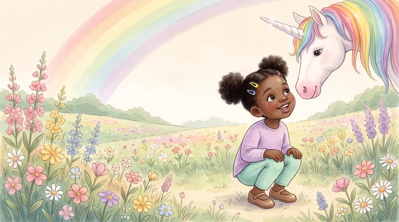 Illustration zu „Einhorn & das Regenbogental“, Doppelseite 3