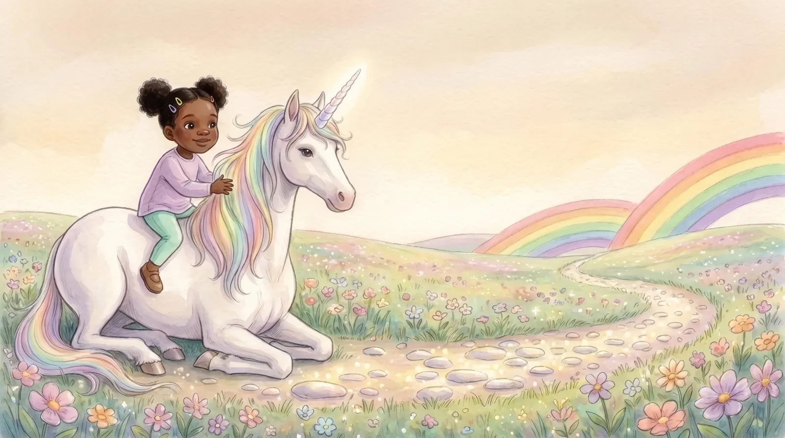 Illustration zu „Einhorn & das Regenbogental“, Doppelseite 4