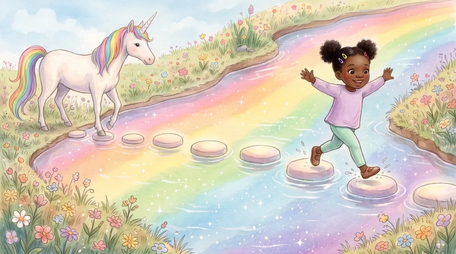 Illustration zu „Einhorn & das Regenbogental“, Doppelseite 7