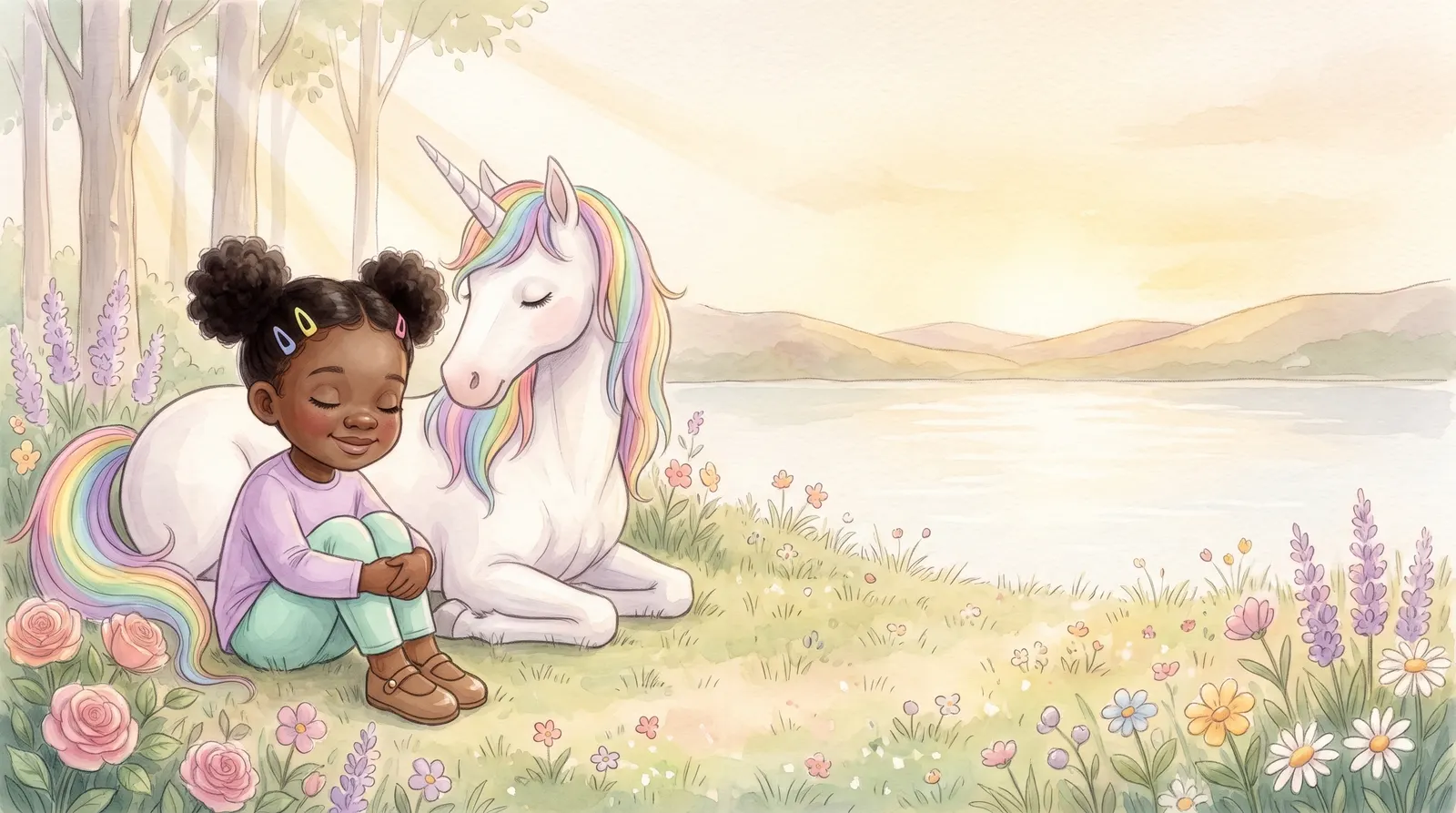 Illustration zu „Einhorn & das Regenbogental“, Doppelseite 8