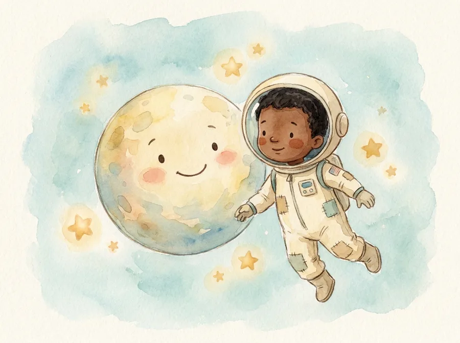 Aquarell-Illustration: ein Kind im Astronautenanzug schwebt neben einem freundlich lächelnden Planeten zwischen goldenen Sternen.