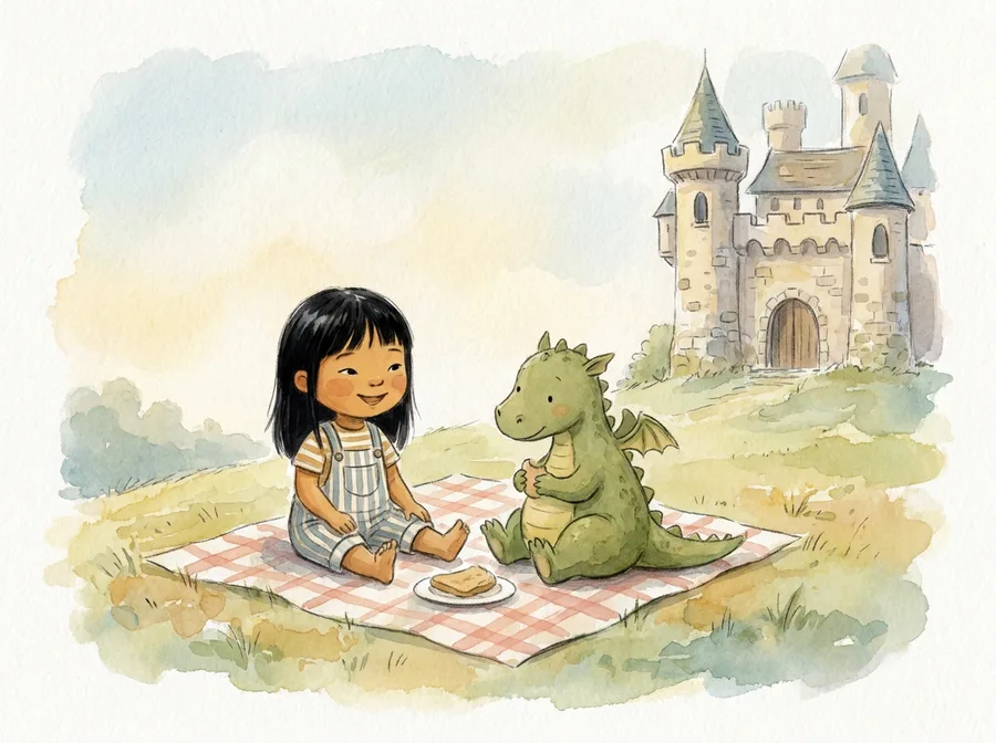 Aquarell-Illustration: ein Kind teilt ein Picknick mit einem kleinen, freundlichen Drachen vor einem gemütlichen Schloss.
